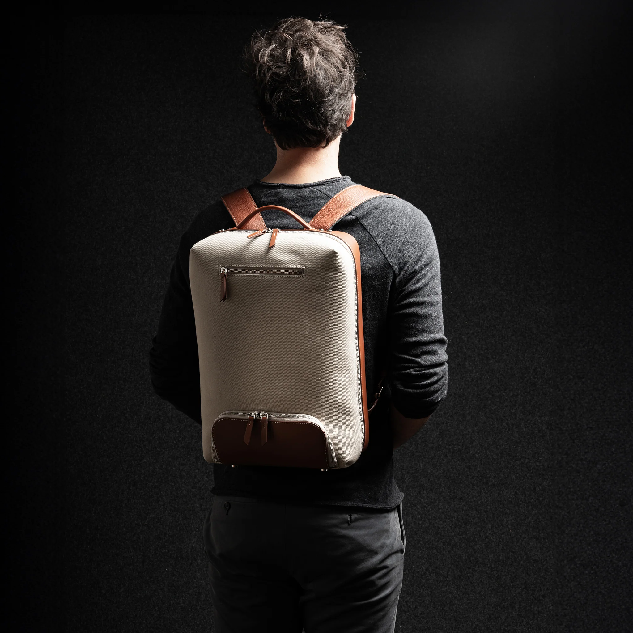Sac à dos en toile et cuir~ RUBENS - BEIGE & COGNAC - Image 10