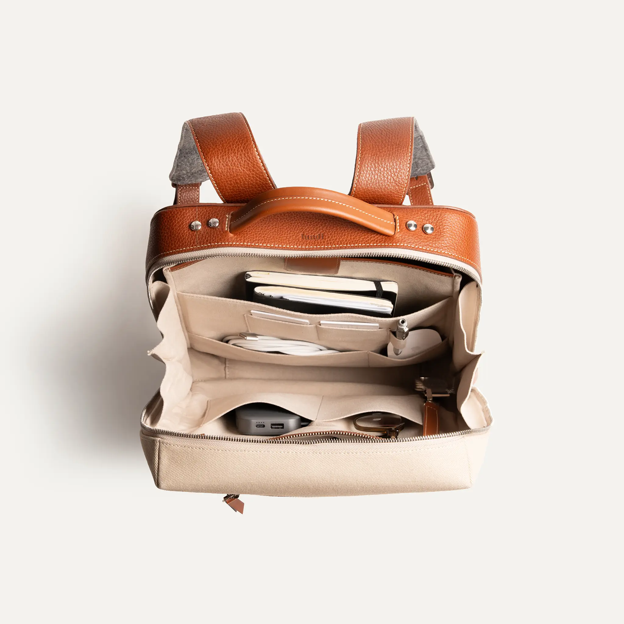 Sac à dos en toile et cuir~ RUBENS - BEIGE & COGNAC - Image 6