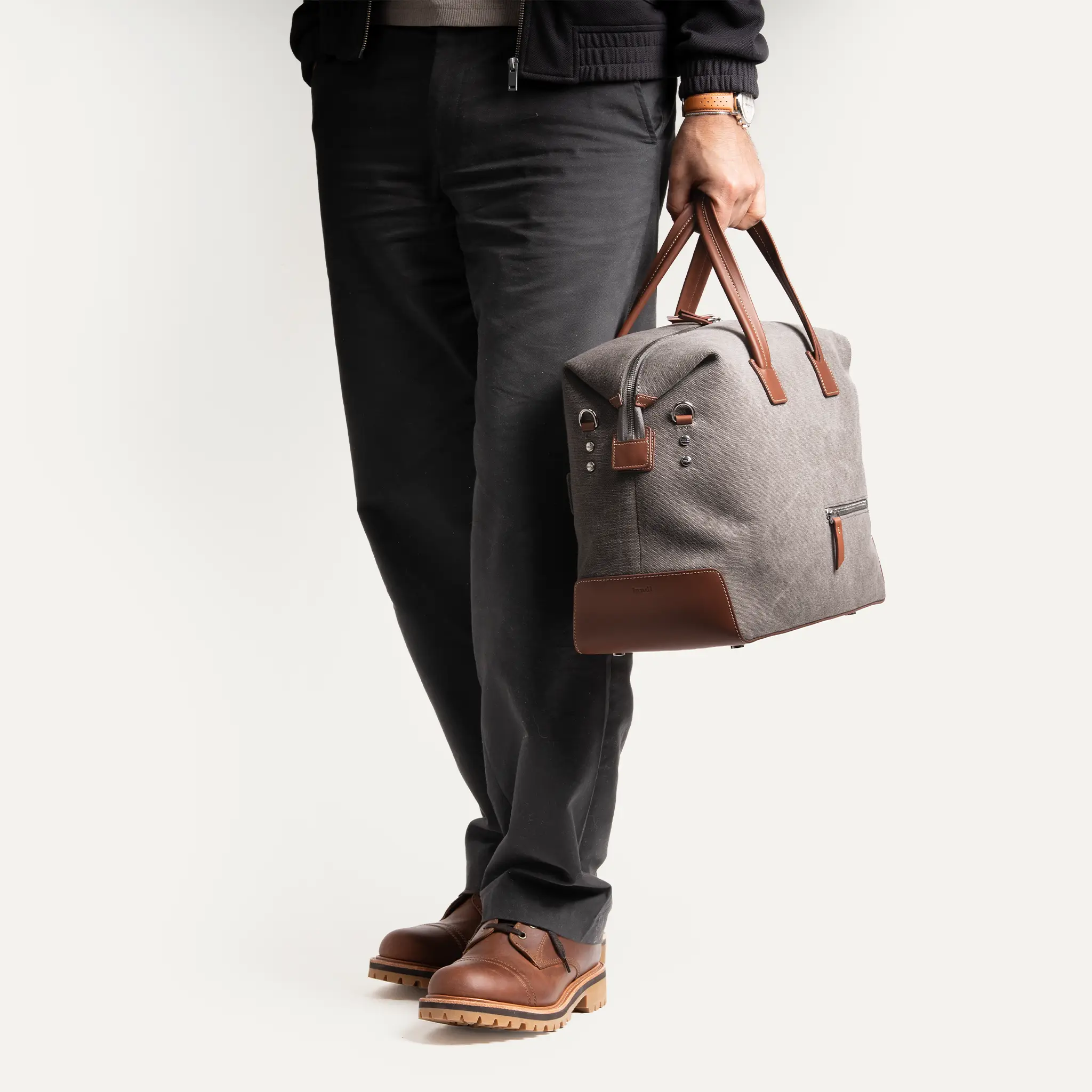 Sac de voyage 48 heures ~ AUGUSTIN ~ Toile grise & cuir cognac - Image 3