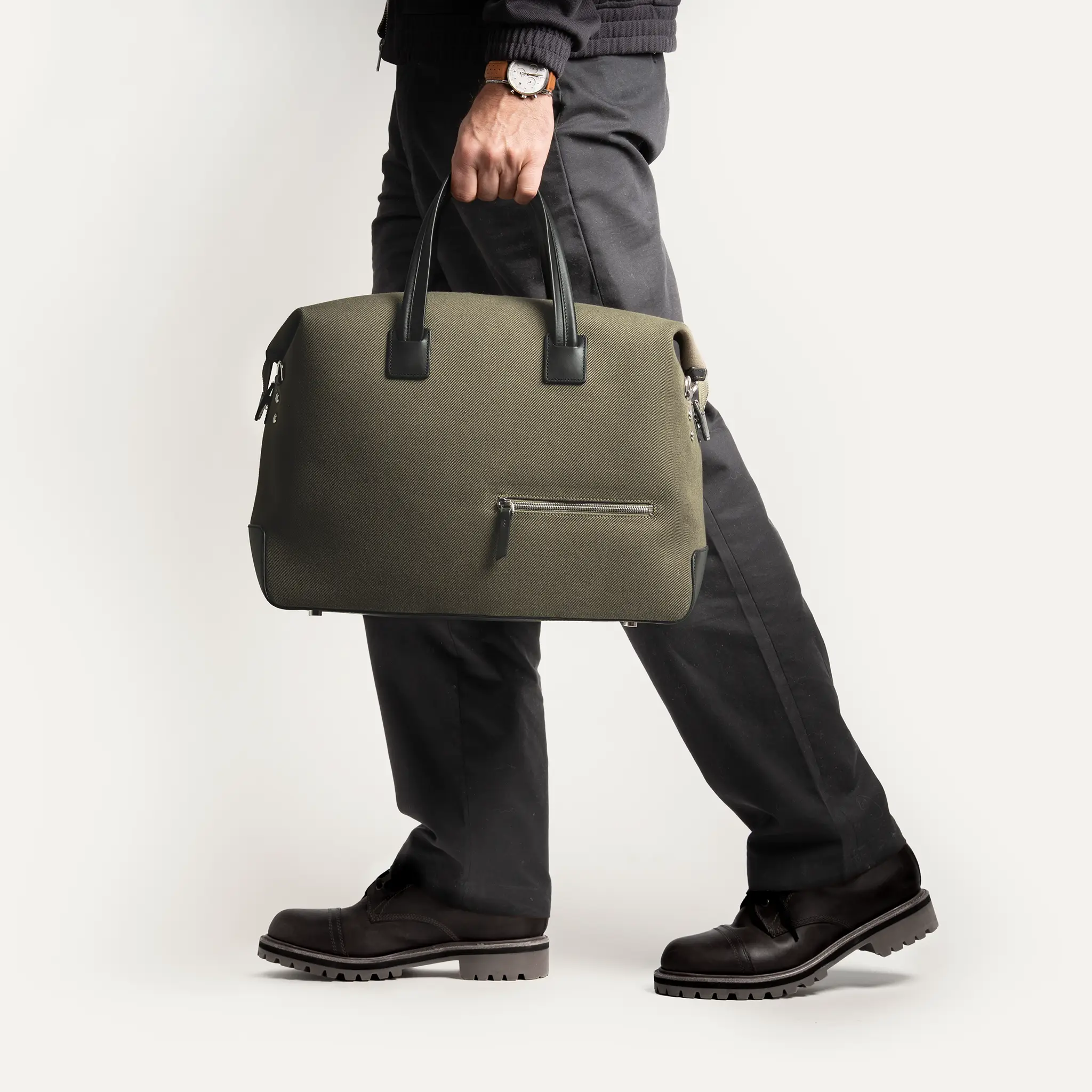 Sac de voyage 48 heures ~ AUGUSTIN ~ Toile kaki & cuir noir - Image 3