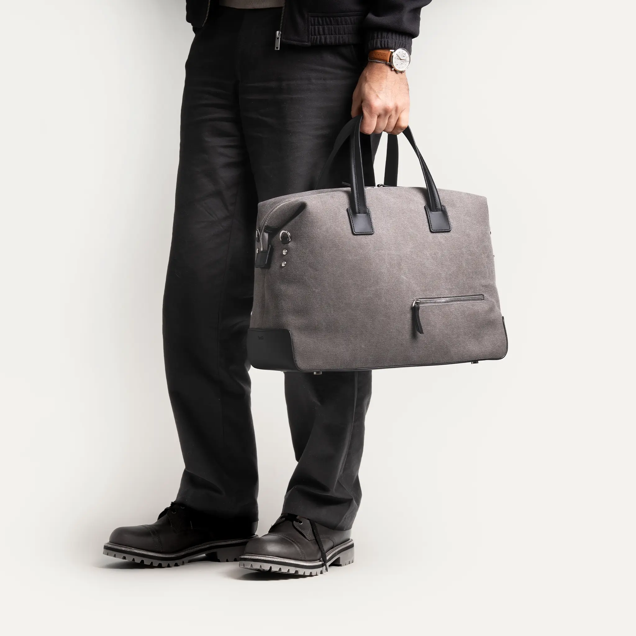 Sac de voyage 48 heures ~ AUGUSTIN ~ Toile grise & cuir noir - Image 3