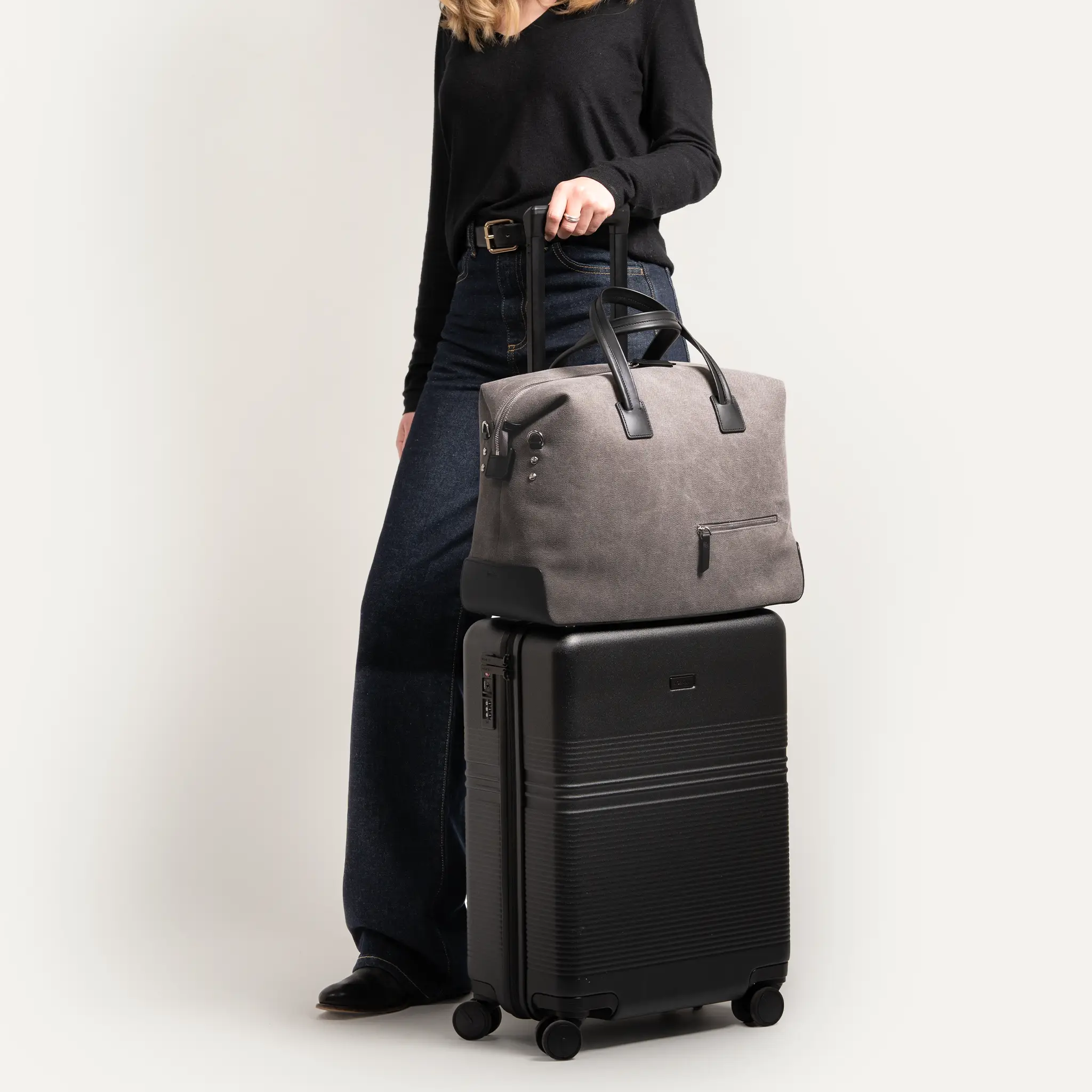 Sac de voyage 48h Femme ~ AUGUSTIN ~ Toile grise & cuir noir - Image 5