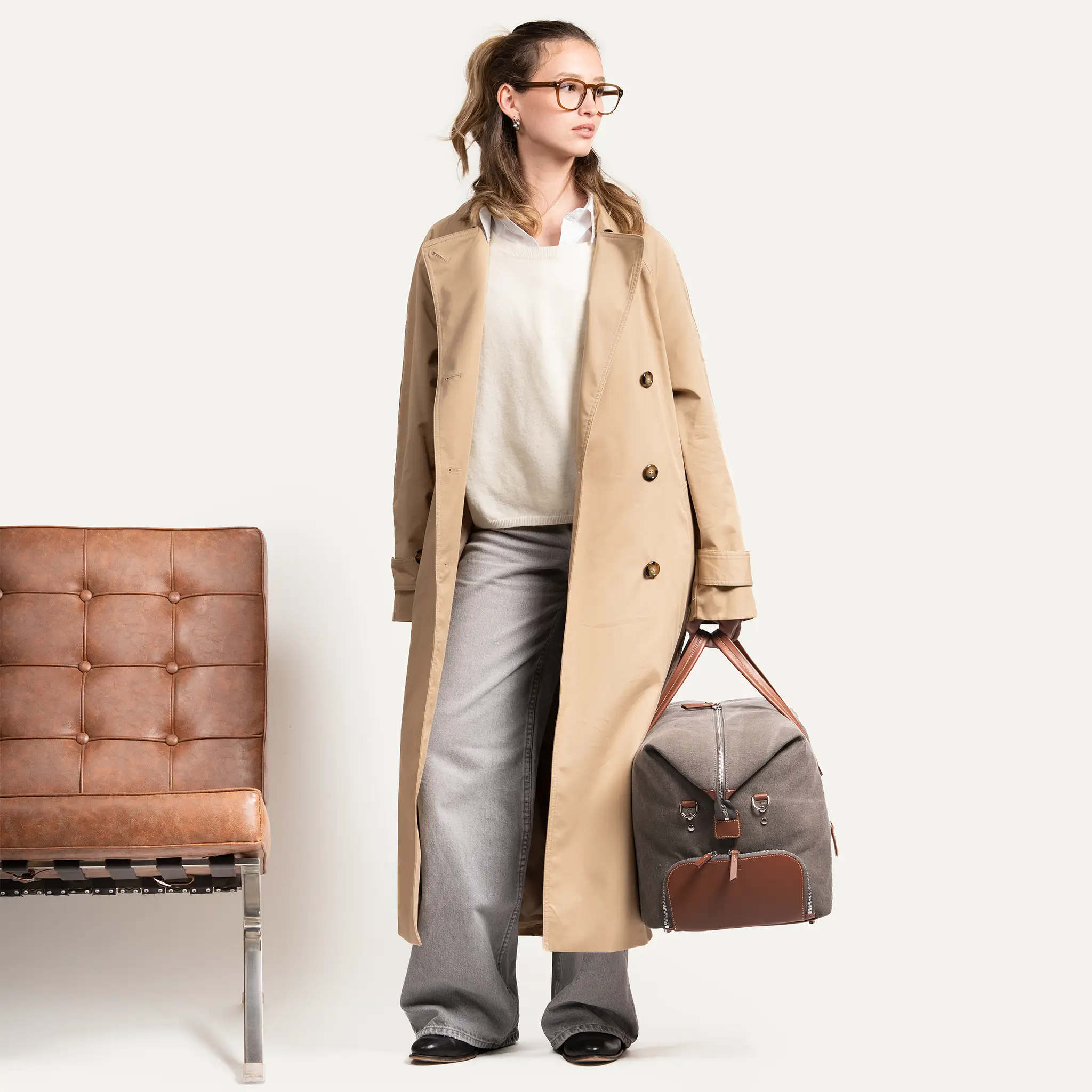 Sac de voyage Femme ~ REMINGTON ~ Toile Grise & cuir Cognac - Image 8